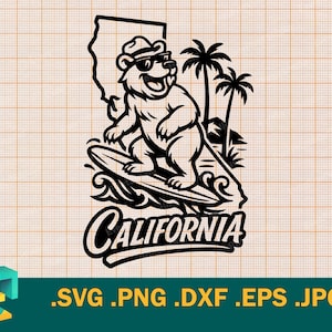 Puede incluir: Gráfico en blanco y negro de un oso con gafas de sol y sombrero surfeando en una tabla de surf. El oso está frente a un contorno de California y palmeras. La palabra "California" está escrita debajo.