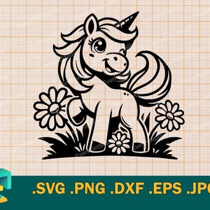 Peut inclure: Illustration en noir et blanc d'une licorne avec une corne et une couronne de fleurs debout dans un champ de fleurs. La licorne sourit et a une longue crinière et une longue queue.