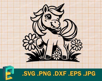 May include: Black and white line art illustration of a unicorn with a horn and a flower crown standing in a field of flowers. The unicorn is smiling and has a long flowing mane and tail.