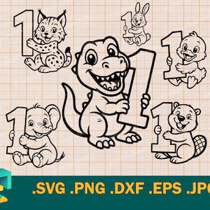 1 Geburtstag SVG - Cricut, Silhouette | Vektor, Niedlich, Baby, Dino, Tier, 1. Lustige 1st Grad Schnittdatei | T-Rex One Cut Datei svg, png, eps