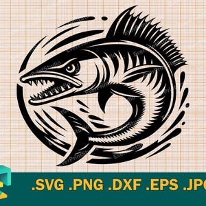 Könnte beinhalten: Schwarz-weiße Grafik eines Fisches mit scharfen Zähnen, umgeben von einem kreisförmigen Spritzeffekt. Der Fisch ist stilisiert mit detaillierten Flossen und einem wilden Ausdruck. Der Text lautet: .SVG .PNG .DXF .EPS .JPG.