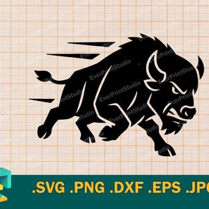 May include: Black silhouette of a bison running to the right. The bison is stylized with a thick outline and a simplified design. The bison is running with its head down and its horns pointing forward. The bison is running on a white background.