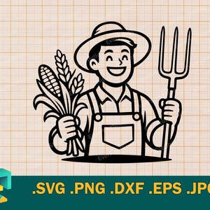 May include: A black and white line art illustration of a smiling farmer wearing a wide-brimmed hat and overalls. The farmer holds a bundle of corn and wheat stalks in one hand and a three-pronged pitchfork in the other hand, centered on a grid.