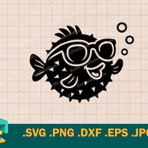 May include: Black and white silhouette of a pufferfish wearing sunglasses. The fish is smiling and has a spiky exterior. There are bubbles around the fish.