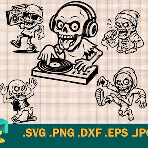 Pacote Zumbi SVG - Cricut, Silhueta | Vetor DJ Zombie Party SVG Download, Cool Zombie Hip-Hop Party Cutting Template svg, png, eps, dxf