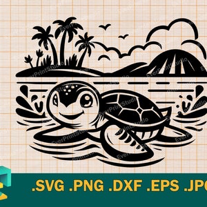 Bébé tortue SVG - Cricut, Silhouette | Fichier de coupe de tortue de mer de vecteur, tortue sur la plage tropicale Télécharger le modèle pour découper les svg, png, eps, dxf