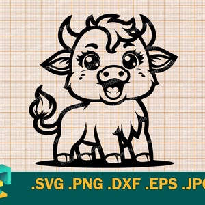 May include: Black and white line art illustration of a cartoon bull with a happy expression. The bull has a curly tail and is standing on all four legs.