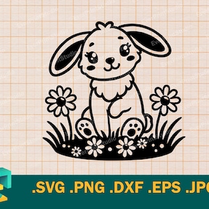 Bunny SVG - Cricut, Silhouette | Vector Cute Happy Bunny Cut File Download, Cute Baby Rabbit Template for Cutting svg, png, eps, dxf