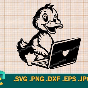 Könnte beinhalten: Eine Schwarzweißillustration eines Cartoon-Entchens, das eine herzförmige Halskette trägt und einen Laptop benutzt.
