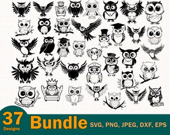 Ensemble de 37 hiboux mignons - Conception unique de hibou SVG pour Cricut & Silhouette, clipart hibou mignon imprimable, téléchargement immédiat, conception de bébés hiboux