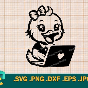Op de afbeelding: Zwart-witte illustratie van een cartoon eend met een strik die een laptop gebruikt. De laptop heeft een hart erop en de tekst "EverPrintStudio" op het scherm.