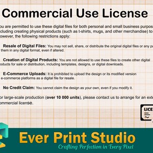 May include: A commercial use license for digital files. The license states that you are permitted to use the files for personal and small business purposes, including creating physical products to sell. However, you may not resell the digital files, create other digital products for sale, upload the design to e-commerce platforms, or claim the design as your own. For large-scale production (over 10,000 units), please contact the seller to arrange for an extended commercial license.