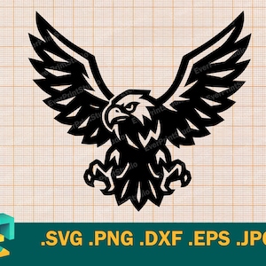May include: A black silhouette of an eagle with outstretched wings, talons extended, and a detailed head. The image includes the text ".SVG .PNG .DXF .EPS .JPG" at the bottom.