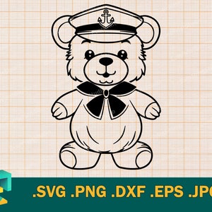 May include: A black and white line drawing of a teddy bear wearing a sailor hat with an anchor on it. The bear is wearing a sailor collar with a bow tie.