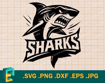 Sharks Mascot Design Svg - Cricut, Silhouette | Sharks Sports Team Logo svg files, Vector Art, Digital Illustration, Line Art, School spirit