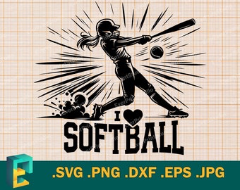 Softball SVG - Cricut and Silhouette. I love Softball Cut File. Softball Girl, Softball Mom Shirt Template for Cutting svg, png, eps, dxf