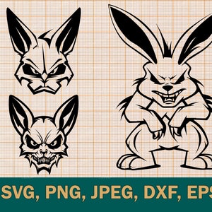 Lot Angry Rabbit SVG – Illustration vectorielle polyvalente d'un lapin féroce aux formats svg, png, dxf et eps