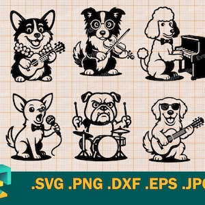 Muziekhonden SVG - Cricut, silhouet | Vector gitaar, drums, zang, fluit, viool | Grappige honden, poedel, Corgi-sjabloon svg, png, eps, dxf