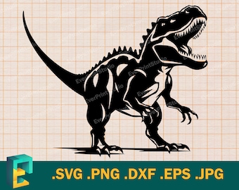 May include: Black silhouette of a dinosaur with a long tail and sharp teeth. The dinosaur is standing on all fours with its head held high. The image is on a white background with a grid pattern.