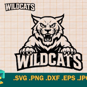 May include: A black and white graphic of a wildcat with the word "WILDCATS" above and below the image. The wildcat is snarling with its claws out. The image is a vector graphic.