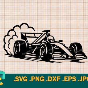 Könnte beinhalten: Schwarze Silhouette eines Formel-1-Rennwagens in Bewegung, mit einer Rauchwolke. Das Design zeigt Räder, Cockpit und aerodynamische Elemente. Das Bild enthält Dateierweiterungen vor einem Rasterhintergrund.