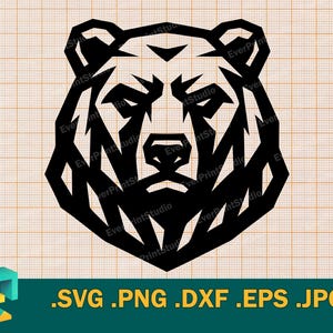 May include: A black geometric bear head design. The bear's face is composed of angular shapes, creating a modern, stylized look. The image includes file format options: .SVG, .PNG, .DXF, .EPS, and .JPG, suitable for various design projects.