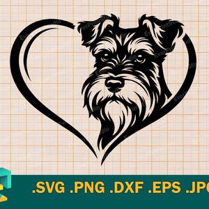 May include: A black and white Schnauzer dog head silhouette inside a heart shape. The image is a graphic design, with the file formats .SVG .PNG .DXF .EPS .JPG displayed at the bottom. The dog's features are detailed, with a focus on the eyes, nose, and beard.