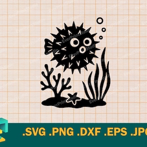 May include: Black and white silhouette of a pufferfish with seaweed and a starfish. The pufferfish has a spiky exterior and large eyes. The image is on a grid background.