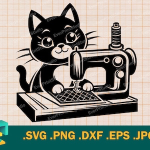 Puede incluir: Ilustración en blanco y negro de un gato sentado en una máquina de coser. El gato lleva una pajarita y tiene una aguja en su pata. La máquina de coser está sobre una mesa con un patrón de cuadros.