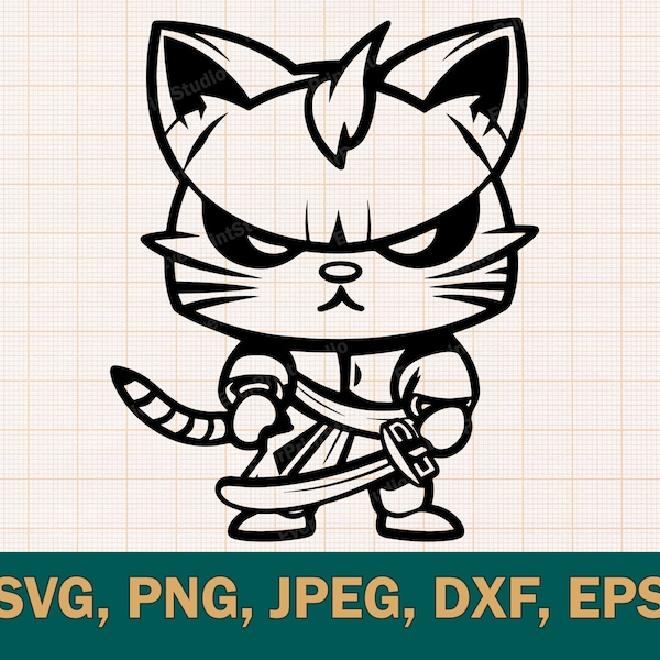 Samurai Cat SVG for Cricut,  Cute Warrior Cat Printable Vector |  Сat in kimono Download Vector .dxf, .eps, .png, .svg