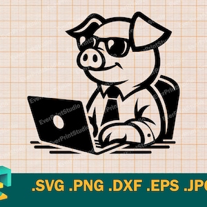 Könnte beinhalten: Eine Schwarzweißillustration eines Schweins mit Sonnenbrille und Krawatte, das an einem Schreibtisch sitzt und einen Laptop benutzt.