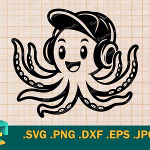 Baby Octopus SVG - Cricut, Silhouette | Arquivo de corte de polvo fofo de DJ vetorial | Baixe fones de ouvido musicais Happy Baby Octopus svg, png, eps, dxf