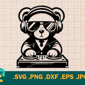 DJ Disc Jockey ours en peluche SVG - Cricut, Silhouette | Vector Teddy Bear DJ musique SVG, son radio club | DJ Setup Design Art Logo svg, eps