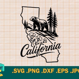 May include: Black and white graphic of the California state outline with a bear, trees, and flowers. The word "California" is written in a cursive font below the image. The image is on a grid background.