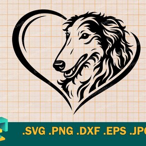 May include: Black graphic of a dog's head inside a heart shape. The dog is a Borzoi breed, with detailed fur and facial features. The image is set against a grid background, with file type options at the bottom.