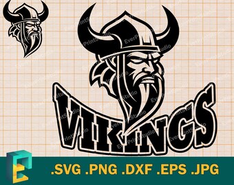 Puede incluir: Ilustración vectorial en blanco y negro de un guerrero vikingo con un casco con cuernos y barba. La palabra "VIKINGS" está escrita en una fuente en negrita y estilizada debajo de la cabeza del guerrero.