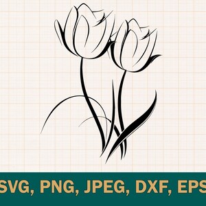 May include: A black and white line drawing of two stylised tulips with stems and leaves.
