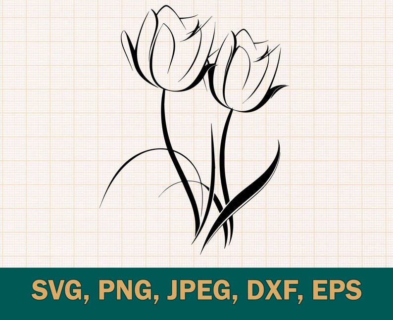 May include: A black and white line drawing of two stylised tulips with stems and leaves.