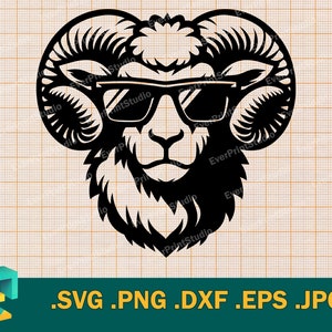 Ram SVG - Cricut, Silhouette | Vector Design Ram with Sunglasses svg Cut File | Printable Ram cutting file template svg, png, eps, dxf