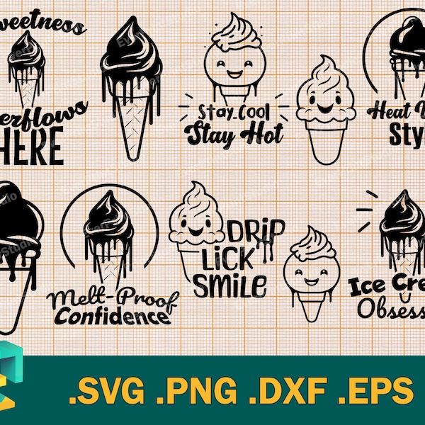 Ice Cream SVG Bundle - Cricut, Silhouette | Summer Clipart, Dripping Ice Cream Cone, Printable Cut File, Clip Art Logo .svg .png .dxf .eps
