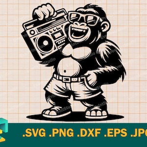 Gorilla SVG - Cricut & Silhouette | Vektor glücklich Gorilla mit Ghettoblaster svg Schnitt Datei | Download Affe Rapper svg Musik Affe Clipart png
