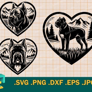 May include: Two black and white illustrations of a Cane Corso dog in a heart shape with mountains and trees in the background. The first image shows the dog's head and shoulders, while the second image shows the dog standing in a field.