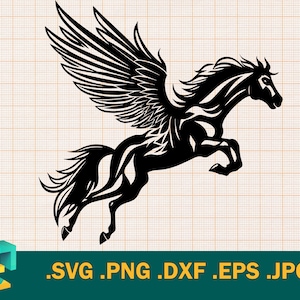 May include: Black and white silhouette of a winged horse, also known as a pegasus, with its wings spread out and its head turned to the side. The horse is in mid-air, with its legs extended.