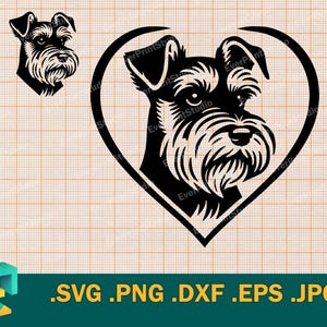 Pode incluir: Silhueta preta e branca da cabeça de um schnauzer miniatura dentro de um coração.