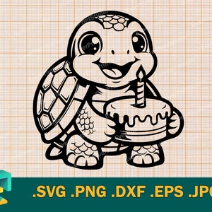 Tortue SVG - fichier de coupe Cricut & Silhouette | Jolie tortue de mer avec un gâteau d'anniversaire svg | Mignon bébé tortue svg clipart svg, png, eps
