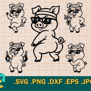 Porco SVG - Cricut, Silhueta | Arquivo de Corte Vetorial de Porco Dançando Fofo. Porco com Copo, Modelo de Corte de Porco Feliz Bebendo svg, png, eps, dxf