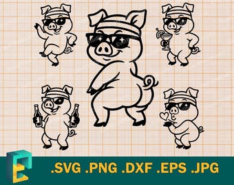 Varken SVG - Cricut, silhouet | Vector schattig dansend varken gesneden bestand. Varken met glas, drinken Happy Pig snijsjabloon svg, png, eps, dxf