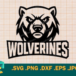 May include: Black and white graphic of a bear's head above the word "Wolverines" in a bold, blocky font. The image includes file type extensions: .SVG .PNG .DXF .EPS .JPG.