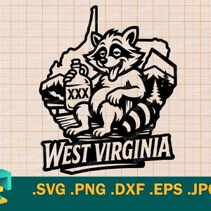 May include: Black and white graphic of a raccoon holding a bottle with "XXX" on it, set against the outline of West Virginia. The text "WEST VIRGINIA" is below the raccoon. The image is a vector file.