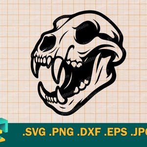 May include: Black and white illustration of a feline skull with open jaws, featuring sharp teeth and detailed bone structure. The image is set against a grid background and includes file type options: .SVG .PNG .DXF .EPS .JPG.